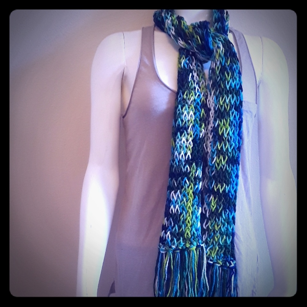 green and blue handmade Knit scarf with fringe
